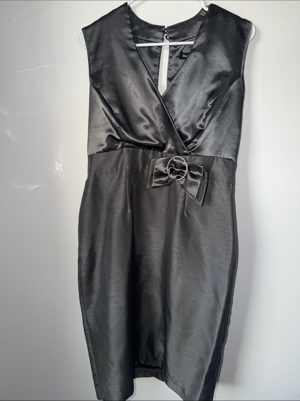Dana Kay Black Satin Wrap-Front Dress with Bow Accent Sz 10